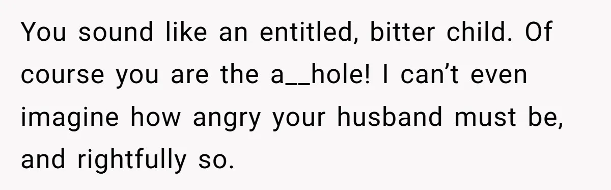You sound like an entitled, bitter child. Of course you are the a__hole! I can’t even imagine how angry your husband must be, and rightfully so.