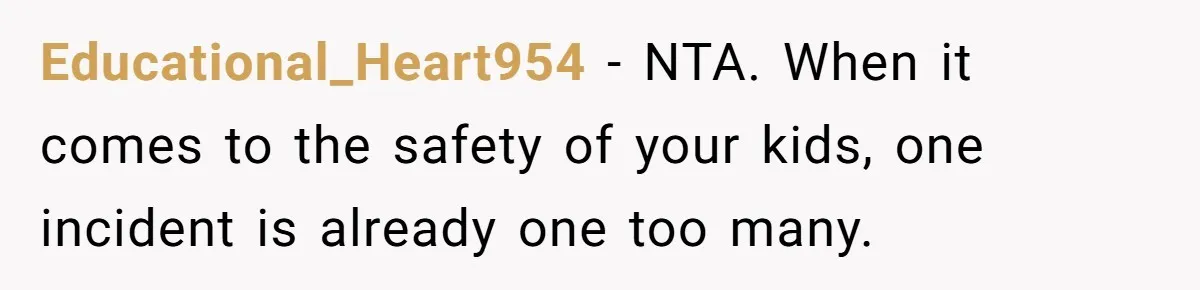 Educational_Heart954 − NTA. When it comes to the safety of your kids, one incident is already one too many.