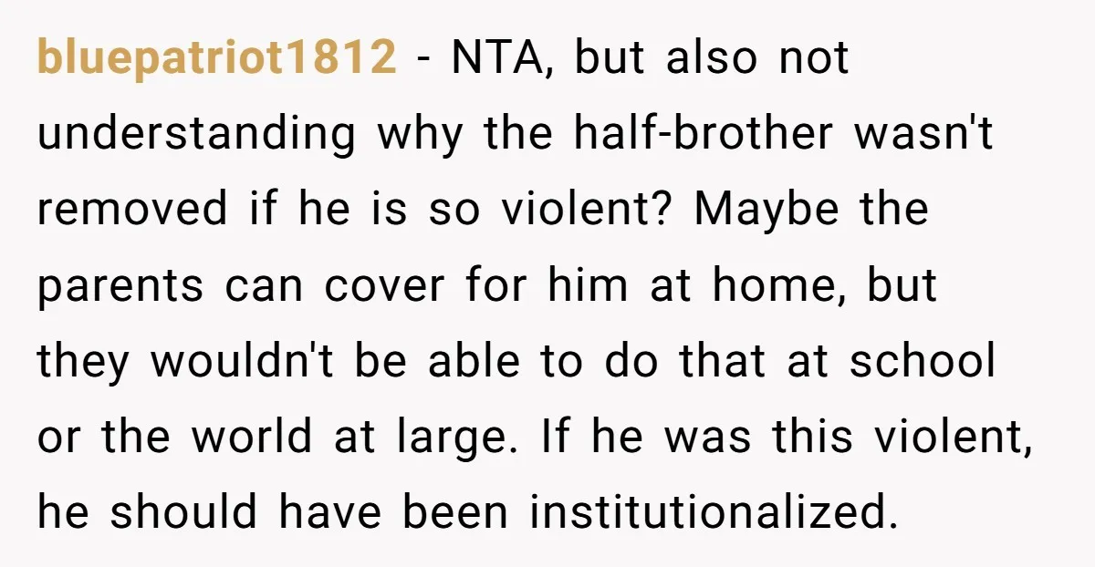 bluepatriot1812 - NTA, but also not understanding why the half-brother wasn't removed if he is so violent? Maybe the parents can cover for him at home, but they wouldn't be...