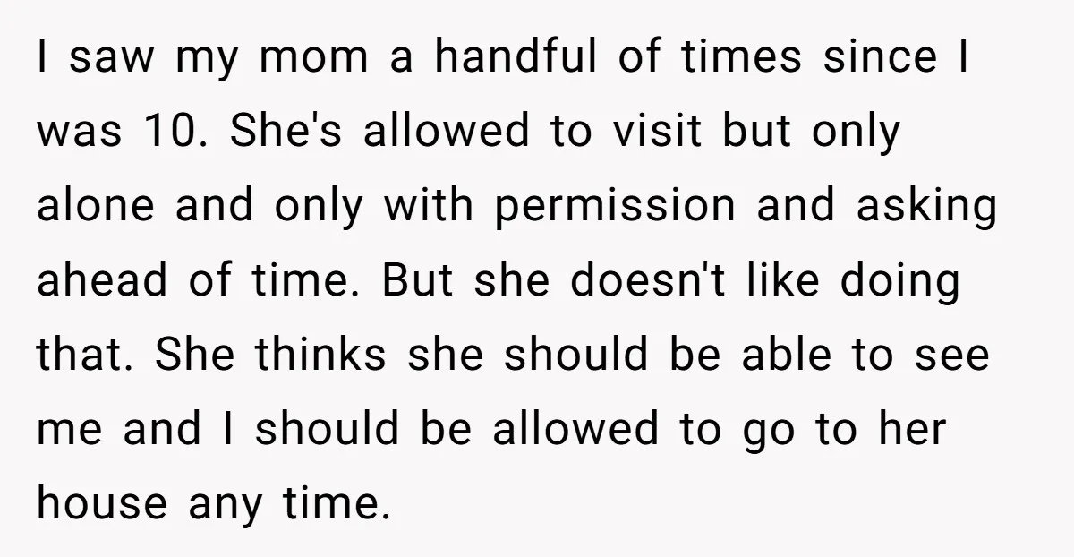 I saw my mom a handful of times since I was 10. She's allowed to visit but only alone and only with permission and asking ahead of time. But she...