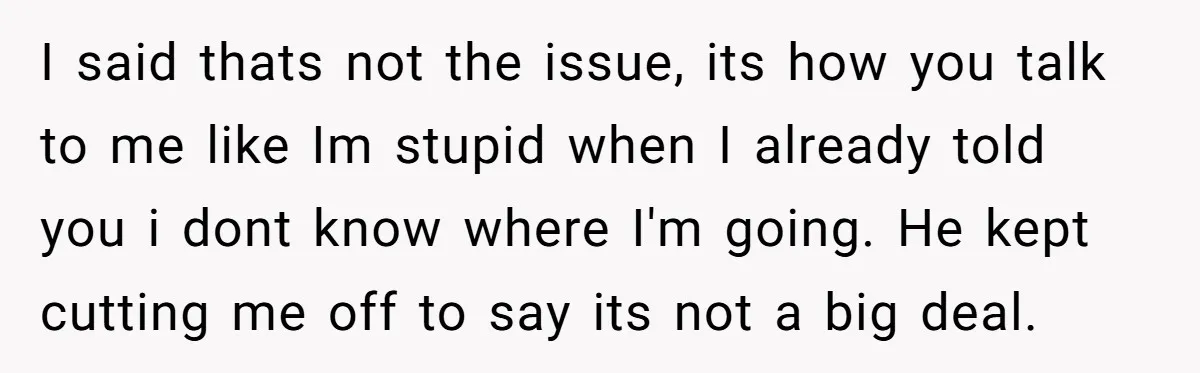 I said thats not the issue, its how you talk to me like Im stupid when I already told you i dont know where I'm going. He kept cutting me...