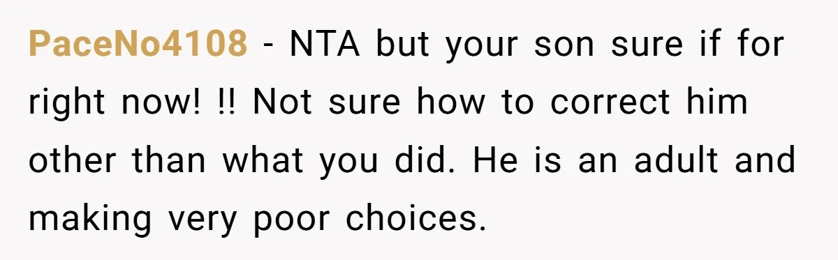 PaceNo4108 − NTA but your son sure if for right now! !! Not sure how to correct him other than what you did. He is an adult and making very...