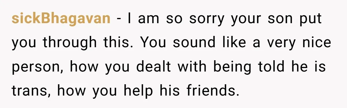 sickBhagavan − I am so sorry your son put you through this. You sound like a very nice person, how you dealt with being told he is trans, how you...
