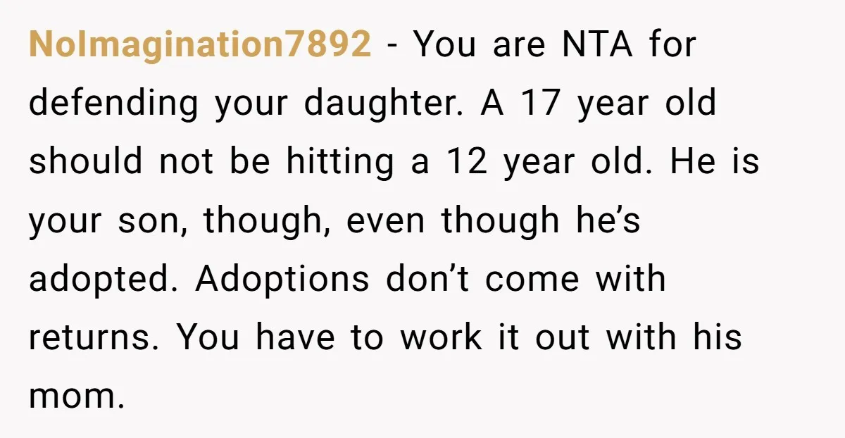 NoImagination7892 - You are NTA for defending your daughter. A 17 year old should not be hitting a 12 year old. He is your son, though, even though he’s adopted....