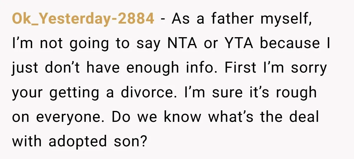 Ok_Yesterday-2884 - As a father myself, I’m not going to say NTA or YTA because I just don’t have enough info. First I’m sorry your getting a divorce. I’m sure...