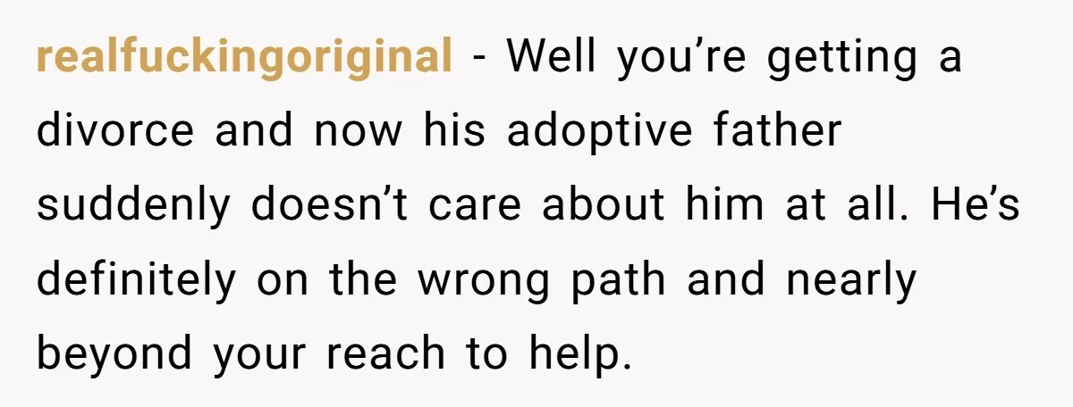 realfuckingoriginal - Well you’re getting a divorce and now his adoptive father suddenly doesn’t care about him at all. He’s definitely on the wrong path and nearly beyond your reach...