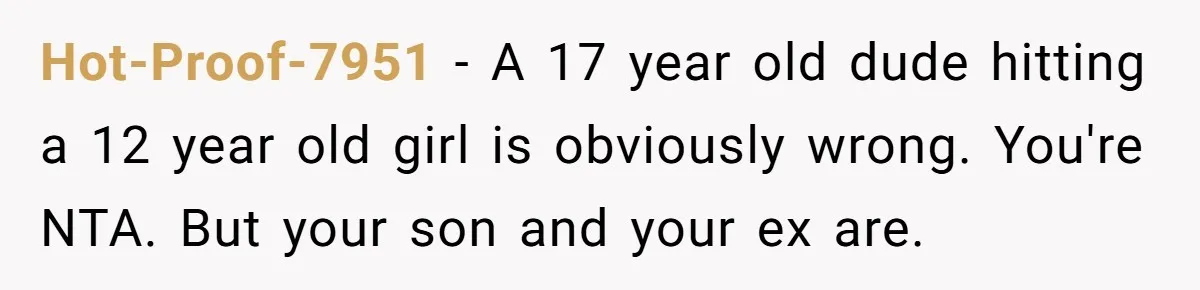 Hot-Proof-7951 - A 17 year old dude hitting a 12 year old girl is obviously wrong. You're NTA. But your son and your ex are.