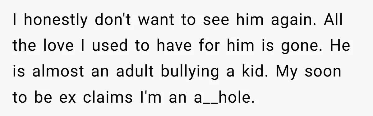 I honestly don't want to see him again. All the love I used to have for him is gone. He is almost an adult bullying a kid. My soon to...