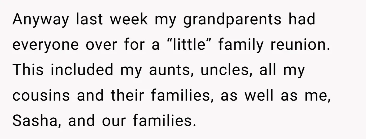 Anyway last week my grandparents had everyone over for a “little” family reunion. This included my aunts, uncles, all my cousins and their families, as well as me, Sasha, and...