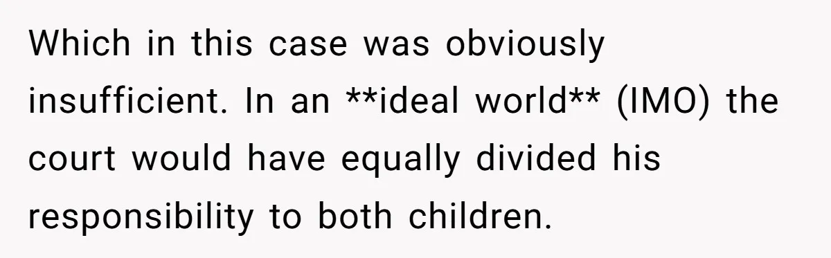 Which in this case was obviously insufficient. In an **ideal world** (IMO) the court would have equally divided his responsibility to both children.