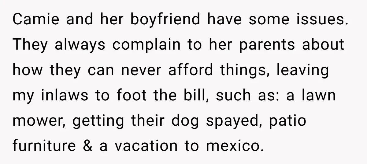 Camie and her boyfriend have some issues. They always complain to her parents about how they can never afford things, leaving my inlaws to foot the bill, such as: a...
