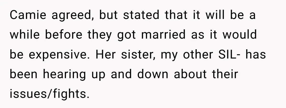 Camie agreed, but stated that it will be a while before they got married as it would be expensive. Her sister, my other SIL- has been hearing up and down...