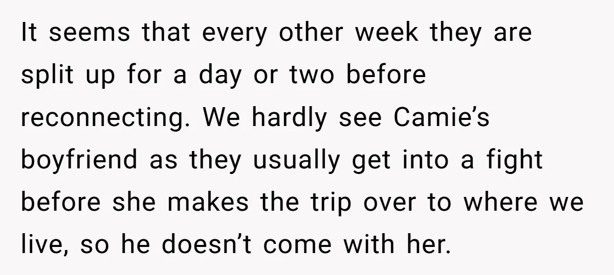It seems that every other week they are split up for a day or two before reconnecting. We hardly see Camie’s boyfriend as they usually get into a fight before...