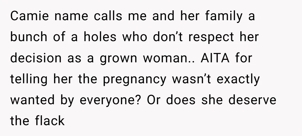 Camie name calls me and her family a bunch of a holes who don’t respect her decision as a grown woman.. AITA for telling her the pregnancy wasn’t exactly wanted...