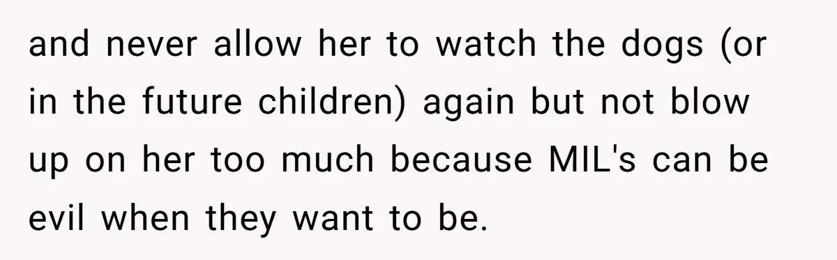 and never allow her to watch the dogs (or in the future children) again but not blow up on her too much because MIL's can be evil when they want...
