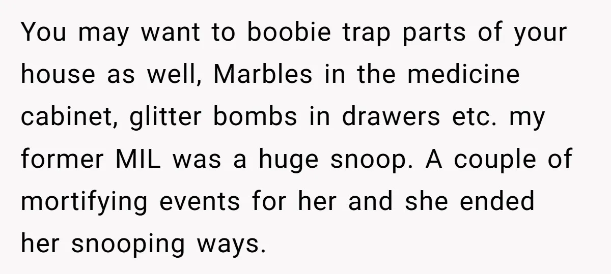 You may want to boobie trap parts of your house as well, Marbles in the medicine cabinet, glitter bombs in drawers etc. my former MIL was a huge snoop. A...