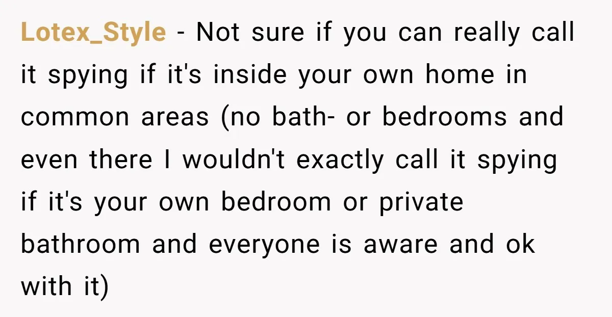 Lotex_Style − Not sure if you can really call it spying if it's inside your own home in common areas (no bath- or bedrooms and even there I wouldn't exactly...