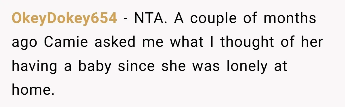OkeyDokey654 − NTA. A couple of months ago Camie asked me what I thought of her having a baby since she was lonely at home.