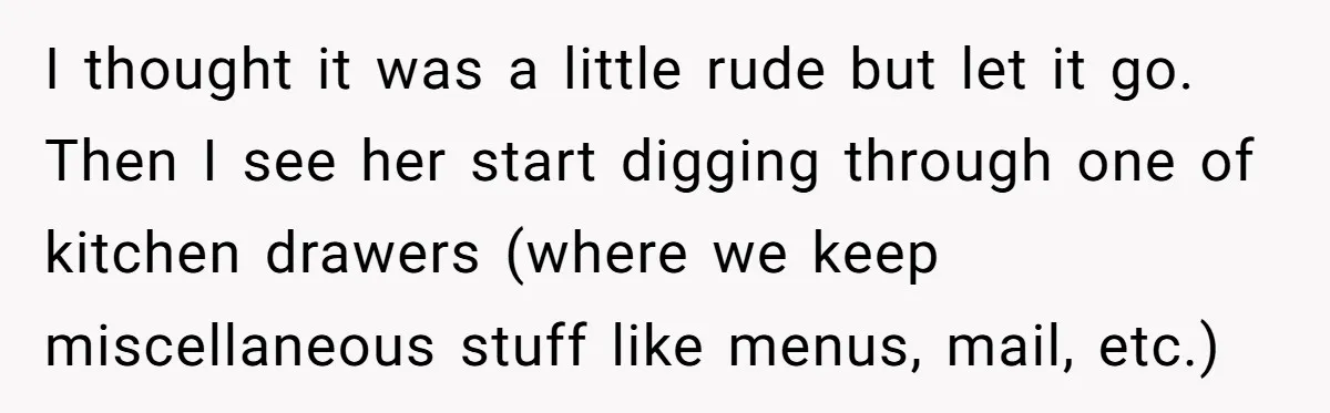 I thought it was a little rude but let it go. Then I see her start digging through one of kitchen drawers (where we keep miscellaneous stuff like menus, mail,...