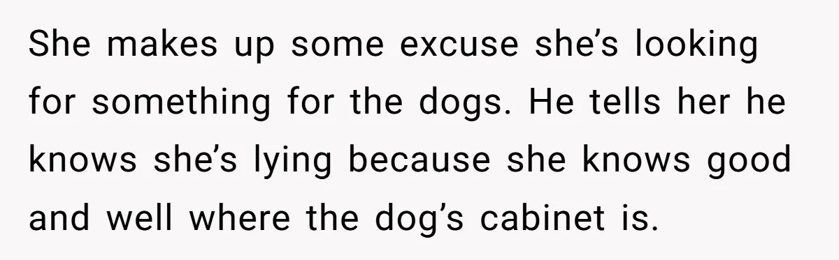 She makes up some excuse she’s looking for something for the dogs. He tells her he knows she’s lying because she knows good and well where the dog’s cabinet is.