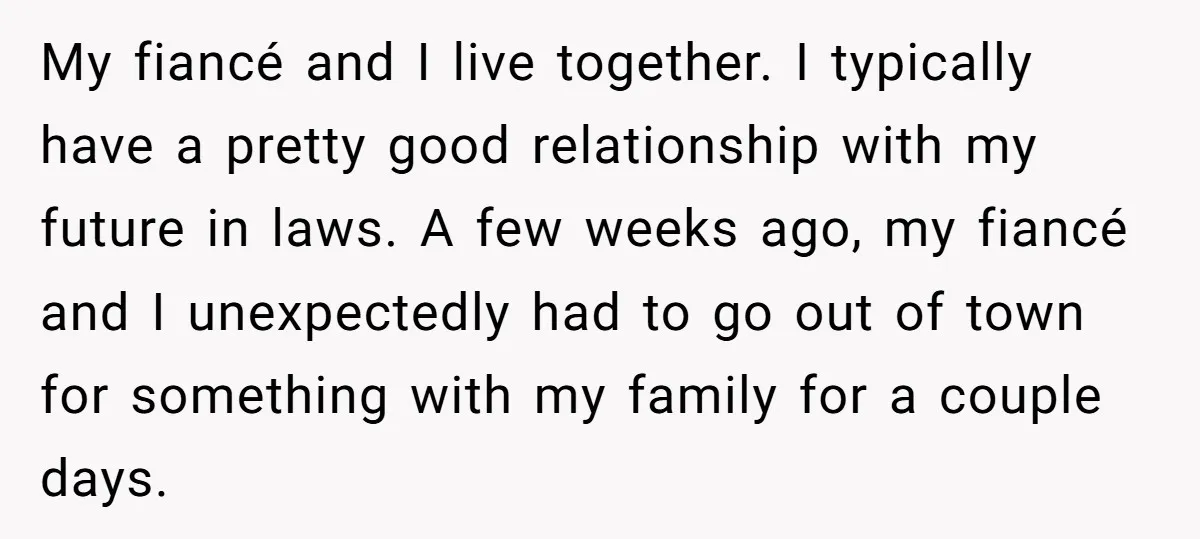 My fiancé and I live together. I typically have a pretty good relationship with my future in laws. A few weeks ago, my fiancé and I unexpectedly had to go...