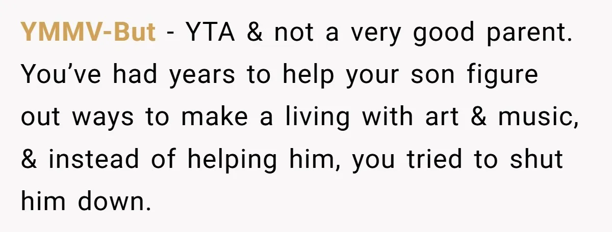 YMMV-But - YTA & not a very good parent. You’ve had years to help your son figure out ways to make a living with art & music, & instead of...