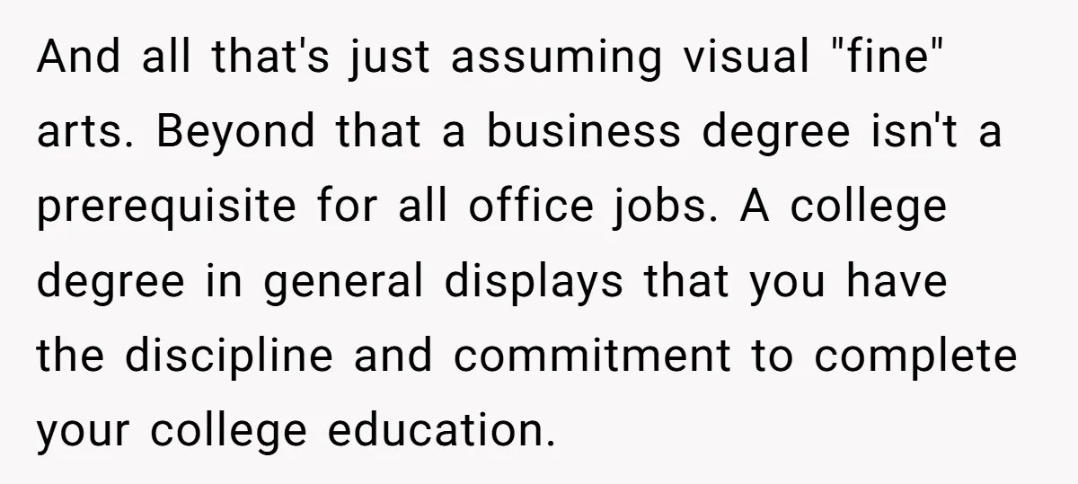 And all that's just assuming visual "fine" arts. Beyond that a business degree isn't a prerequisite for all office jobs. A college degree in general displays that you have the...