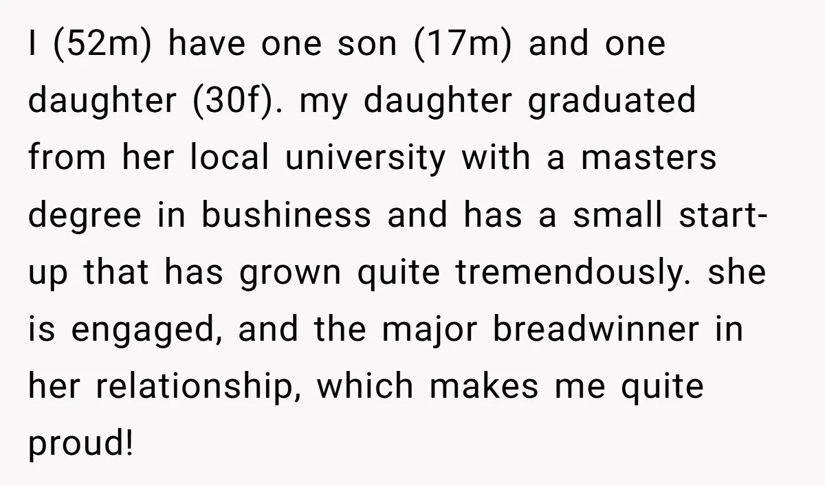I (52m) have one son (17m) and one daughter (30f). my daughter graduated from her local university with a masters degree in bushiness and has a small start-up that has...