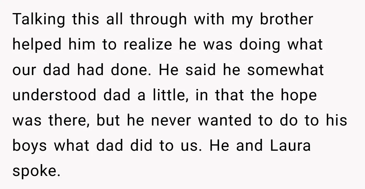 Talking this all through with my brother helped him to realize he was doing what our dad had done. He said he somewhat understood dad a little, in that the...