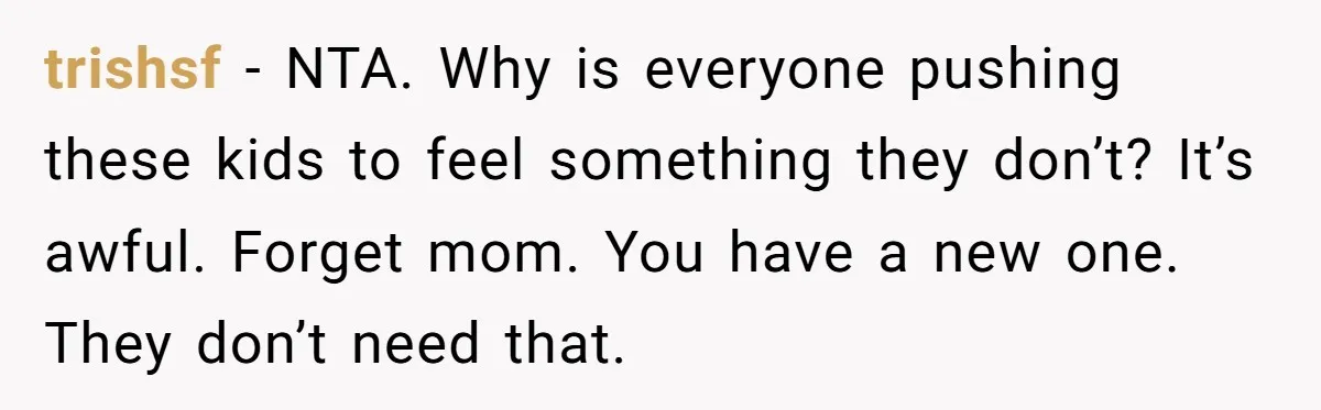 trishsf − NTA. Why is everyone pushing these kids to feel something they don’t? It’s awful. Forget mom. You have a new one. They don’t need that.