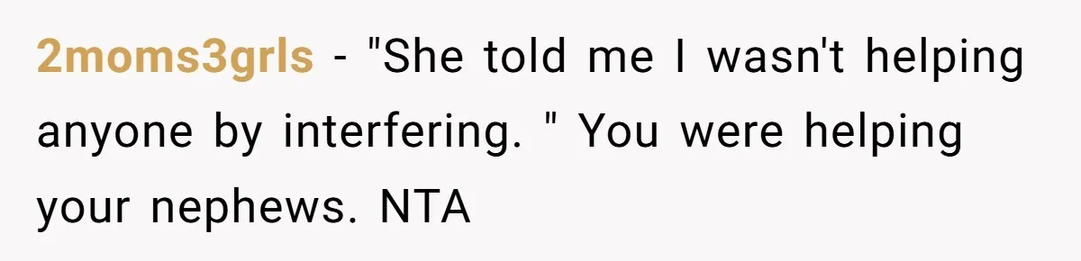 2moms3grls − "She told me I wasn't helping anyone by interfering. " You were helping your nephews. NTA