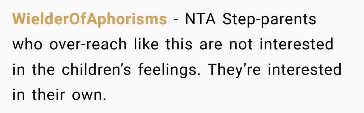 WielderOfAphorisms − NTA Step-parents who over-reach like this are not interested in the children’s feelings. They’re interested in their own.