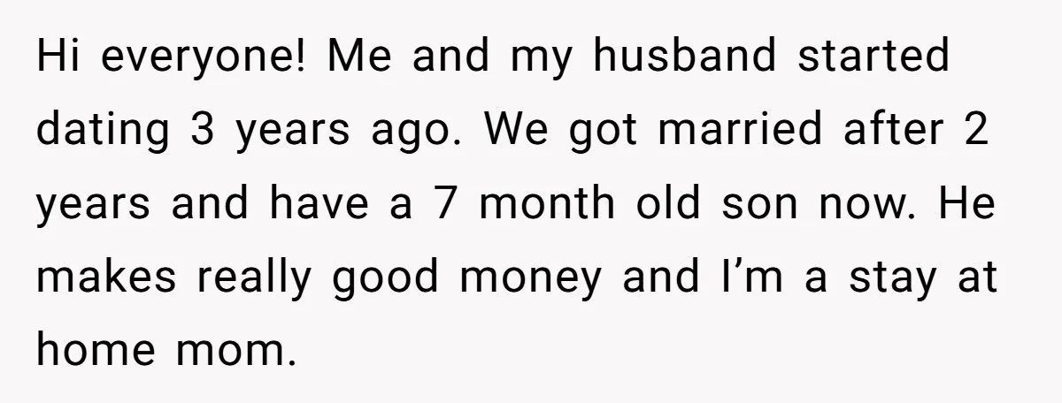 Hi everyone! Me and my husband started dating 3 years ago. We got married after 2 years and have a 7 month old son now. He makes really good money...