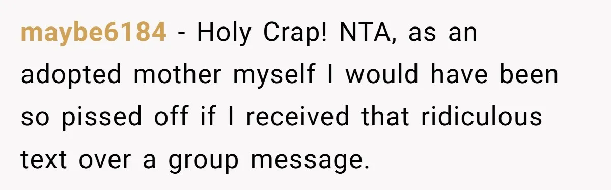 maybe6184 − Holy Crap! NTA, as an adopted mother myself I would have been so pissed off if I received that ridiculous text over a group message.