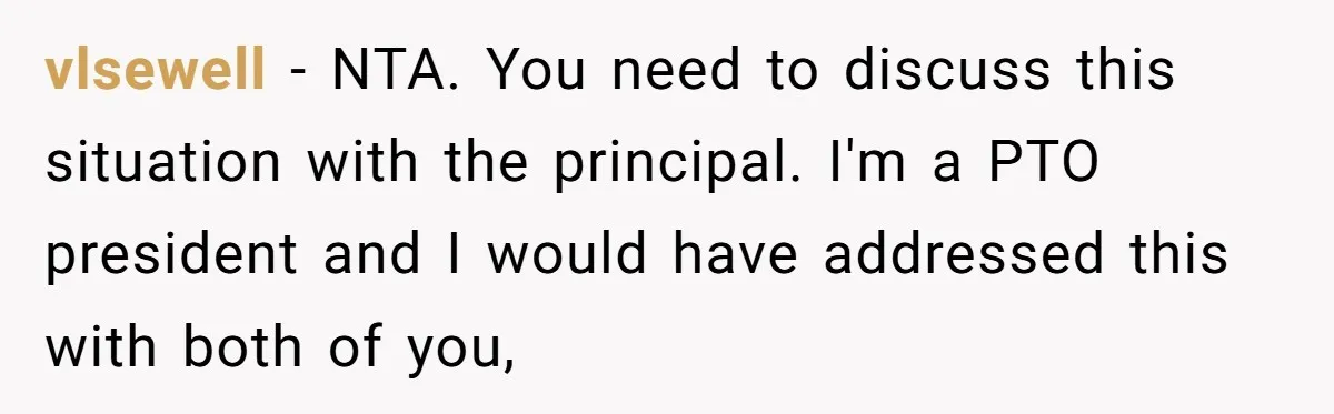 vlsewell − NTA. You need to discuss this situation with the principal. I'm a PTO president and I would have addressed this with both of you,