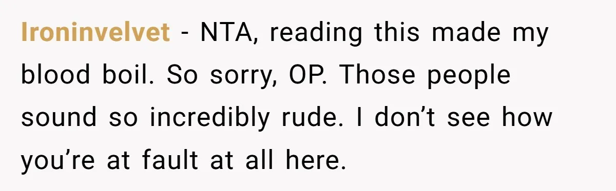Ironinvelvet − NTA, reading this made my blood boil. So sorry, OP. Those people sound so incredibly rude. I don’t see how you’re at fault at all here.