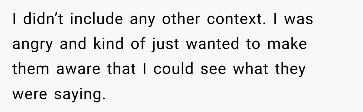 I didn’t include any other context. I was angry and kind of just wanted to make them aware that I could see what they were saying.