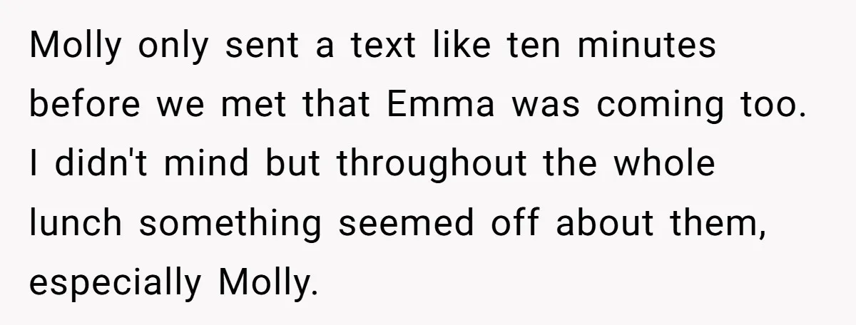 Molly only sent a text like ten minutes before we met that Emma was coming too. I didn't mind but throughout the whole lunch something seemed off about them, especially...
