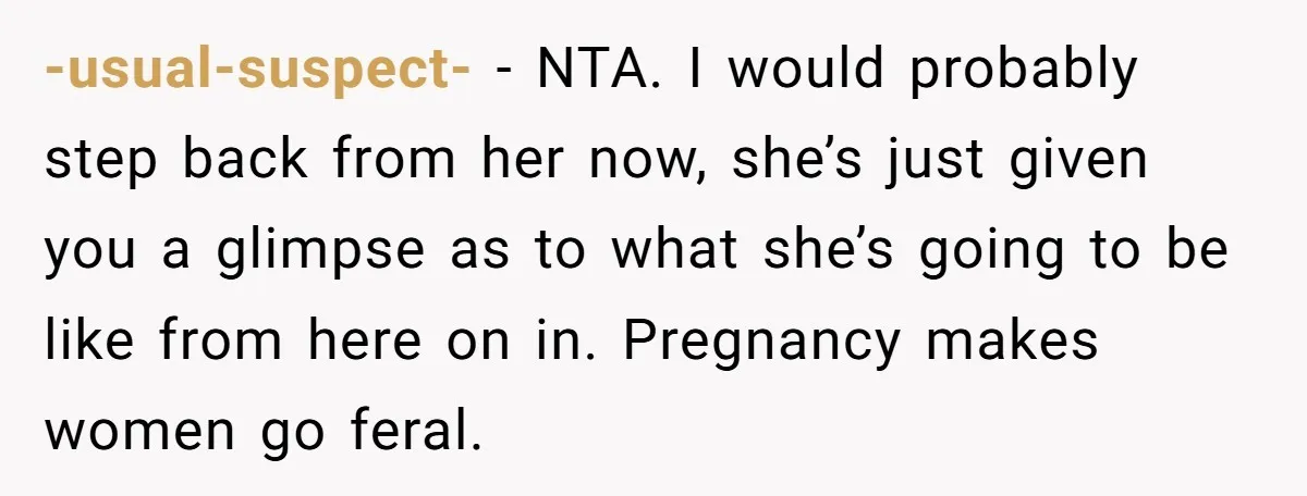 -usual-suspect- − NTA. I would probably step back from her now, she’s just given you a glimpse as to what she’s going to be like from here on in. Pregnancy...