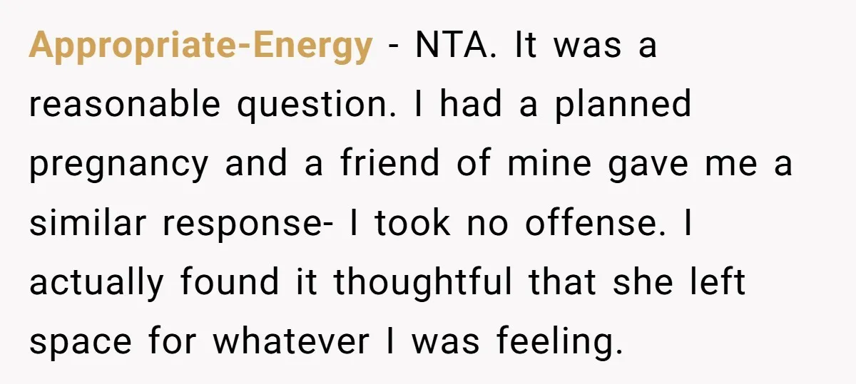Appropriate-Energy − NTA. It was a reasonable question. I had a planned pregnancy and a friend of mine gave me a similar response- I took no offense. I actually found...