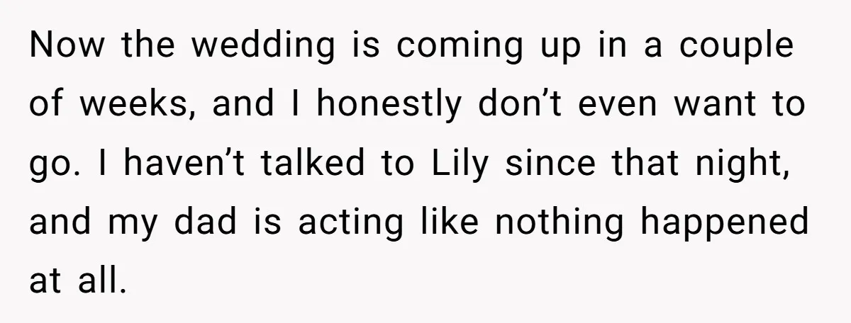 Now the wedding is coming up in a couple of weeks, and I honestly don’t even want to go. I haven’t talked to Lily since that night, and my dad...