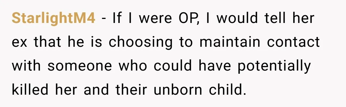 StarlightM4 − If I were OP, I would tell her ex that he is choosing to maintain contact with someone who could have potentially killed her and their unborn child.