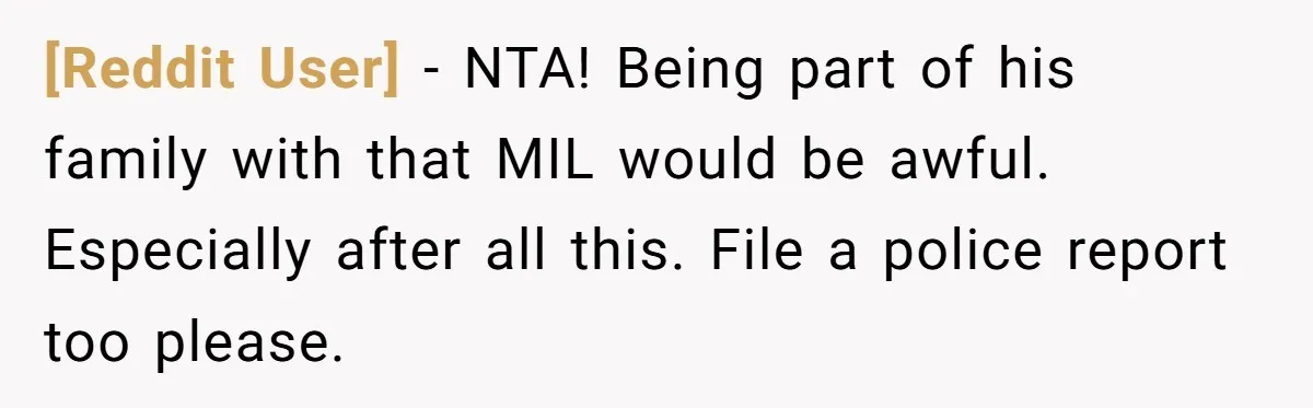 [Reddit User] − NTA! Being part of his family with that MIL would be awful. Especially after all this. File a police report too please.