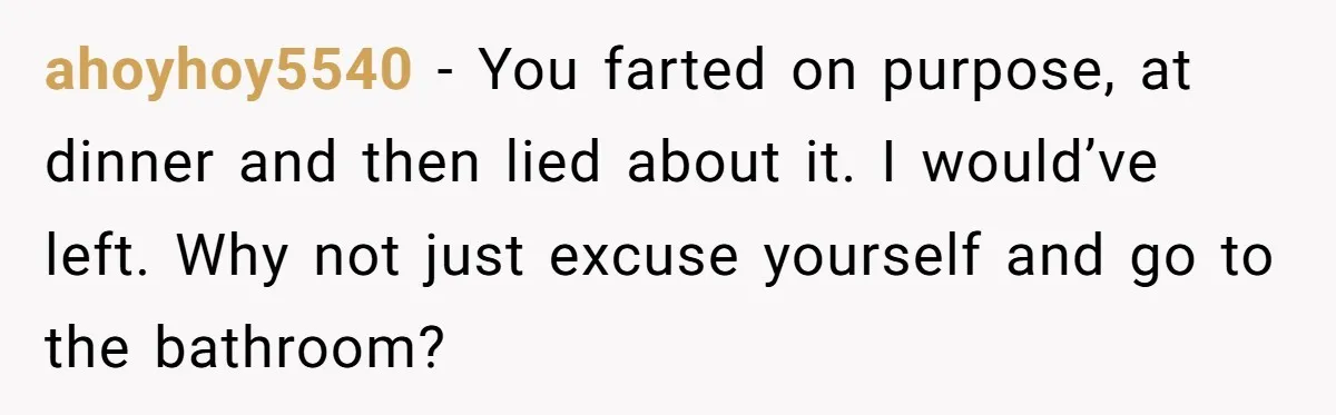 ahoyhoy5540 − You farted on purpose, at dinner and then lied about it. I would’ve left. Why not just excuse yourself and go to the bathroom?