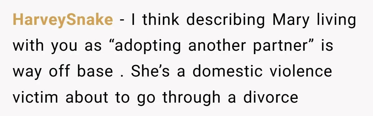 HarveySnake − I think describing Mary living with you as “adopting another partner” is way off base . She’s a domestic violence victim about to go through a divorce