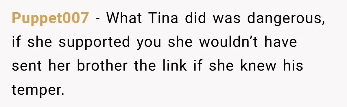 Puppet007 − What Tina did was dangerous, if she supported you she wouldn’t have sent her brother the link if she knew his temper.