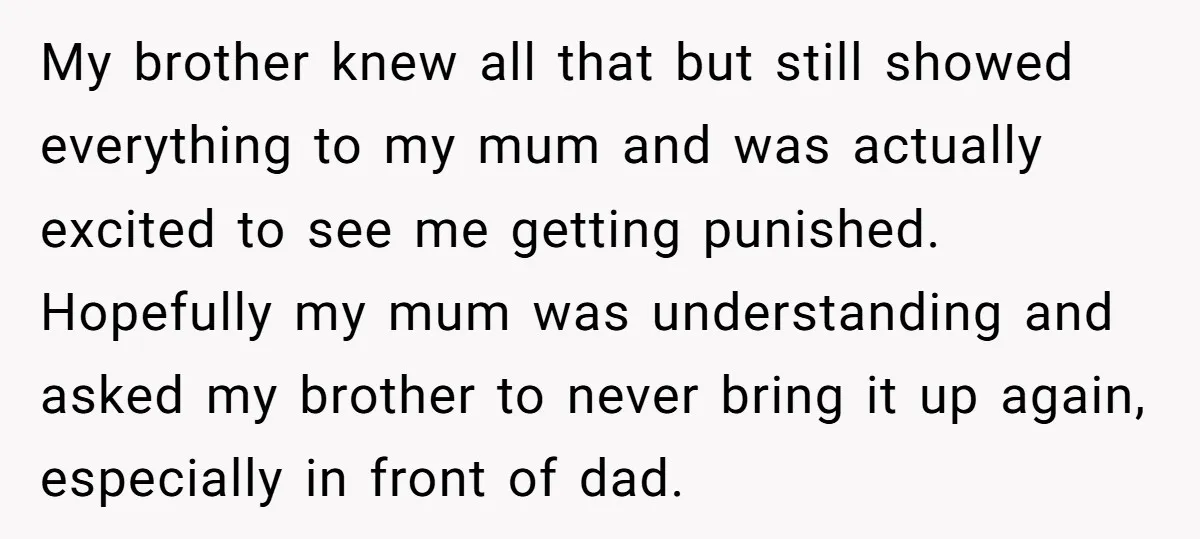 My brother knew all that but still showed everything to my mum and was actually excited to see me getting punished. Hopefully my mum was understanding and asked my brother...