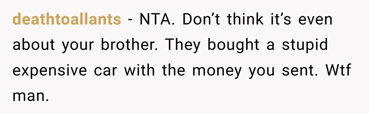 deathtoallants − NTA. Don’t think it’s even about your brother. They bought a stupid expensive car with the money you sent. Wtf man.