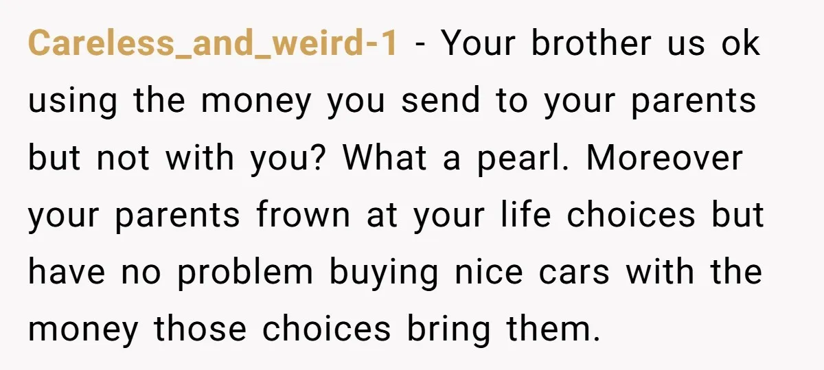 Careless_and_weird-1 − Your brother us ok using the money you send to your parents but not with you? What a pearl. Moreover your parents frown at your life choices but...