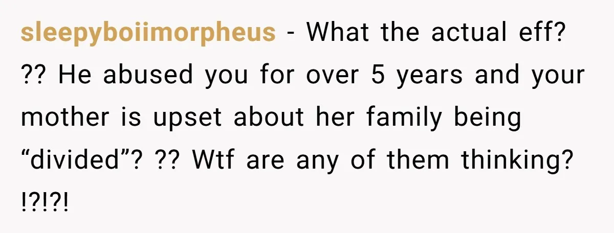 sleepyboiimorpheus − What the actual eff? ?? He abused you for over 5 years and your mother is upset about her family being “divided”? ?? Wtf are any of them...
